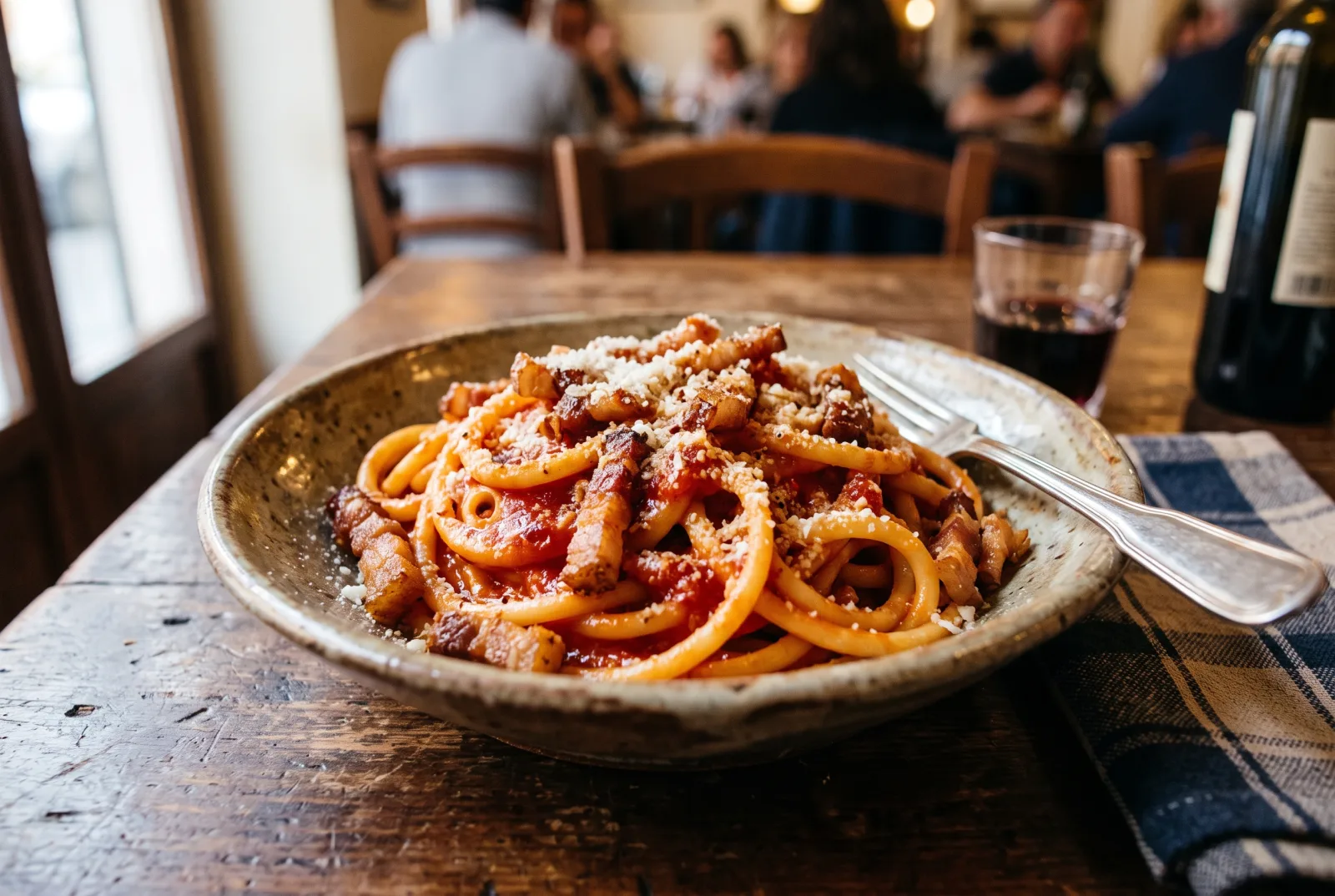 Bucatini all'amatriciana con sugo di pomodoro, guanciale croccante e pecorino romano