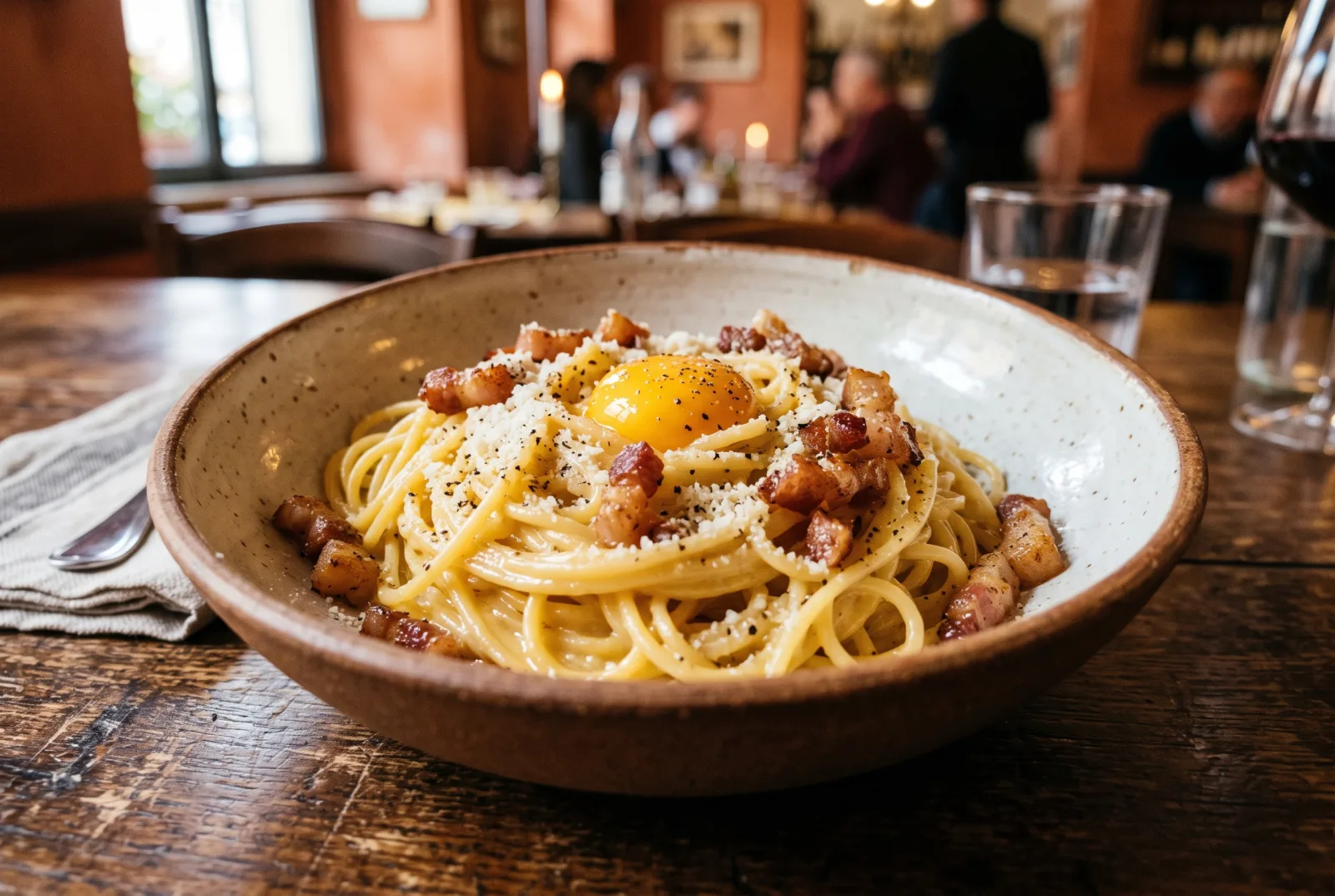 Spaghetti alla carbonara in ciotola di ceramica: crema d'uovo, guanciale croccante, pecorino e pepe nero