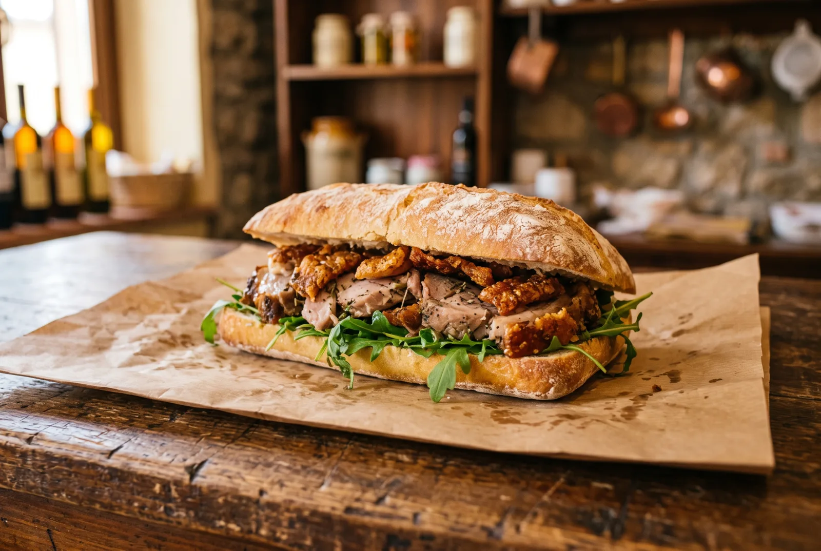 Panino con la porchetta: pane croccante ripieno di fette di porchetta con crosta dorata e rucola, su carta da macellaio