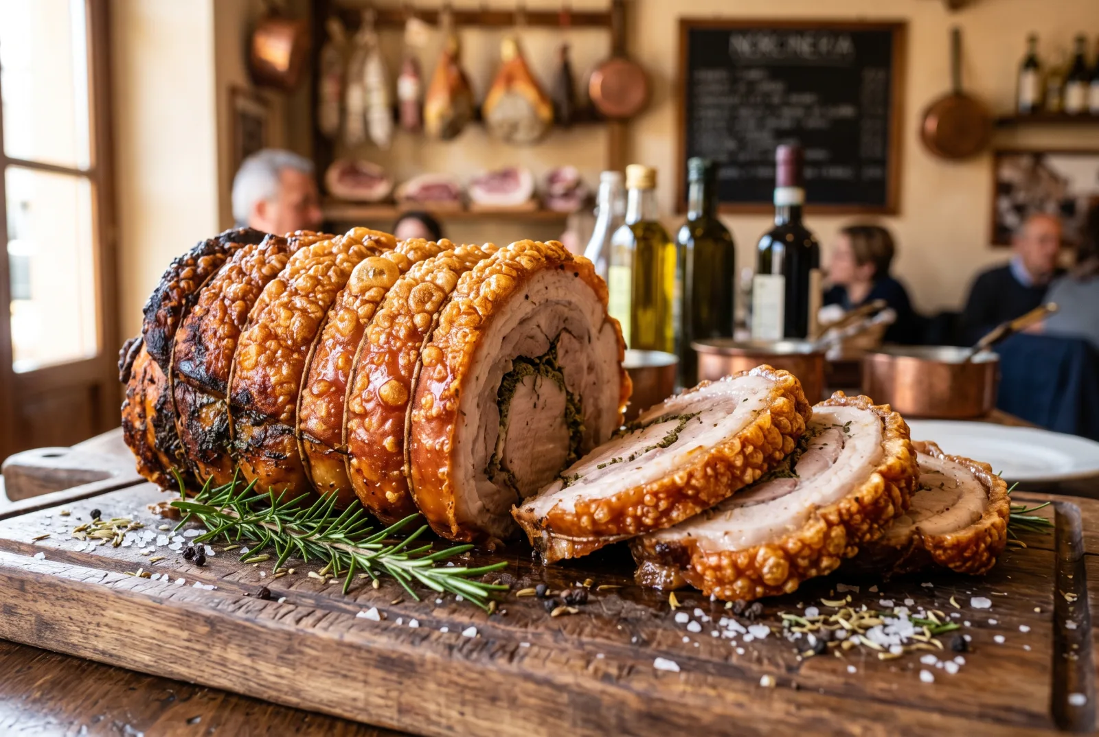 Porchetta di norcineria con crosta dorata e croccante, tagliata su tagliere di legno con rosmarino e sale