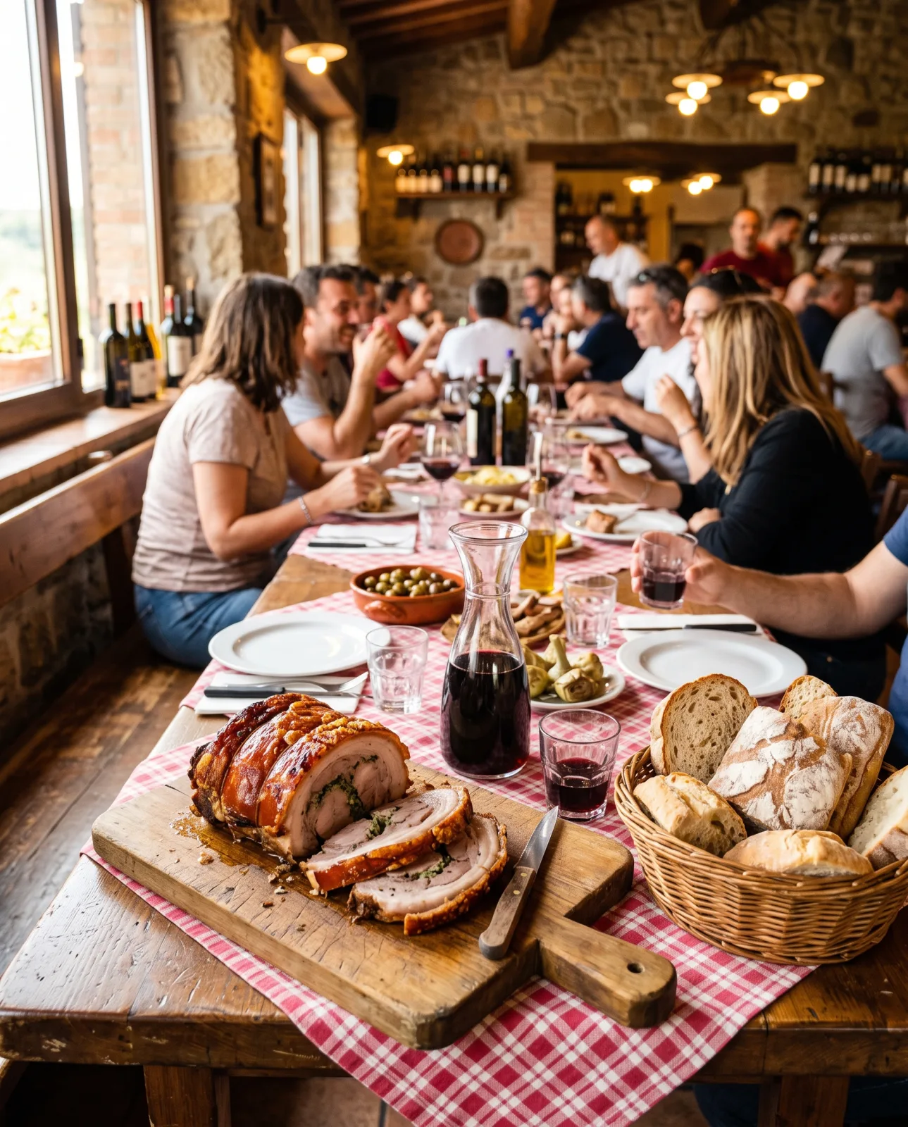 La tavolata conviviale da Mpo' alla Fraschetta: porchetta al tagliere, caraffa di vino rosso, pane e commensali attorno al tavolo di legno
