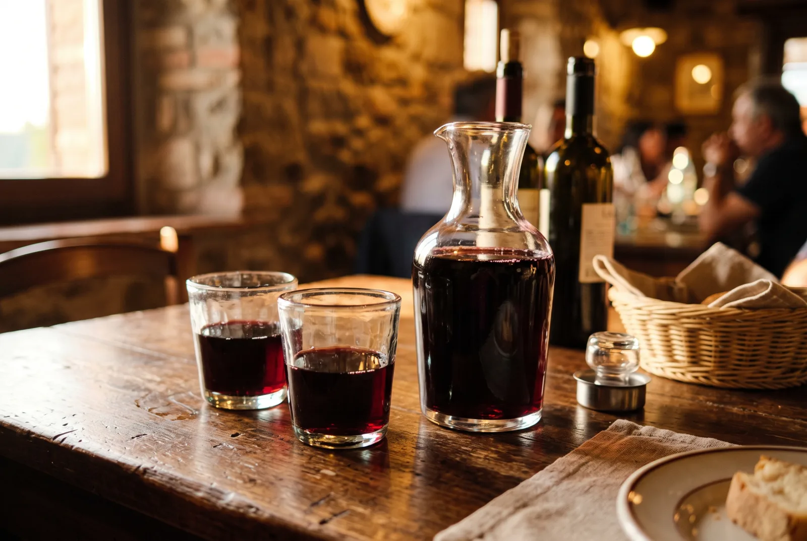 Vino della casa dei Castelli Romani in caraffa di vetro e bicchieri, su tavolo di legno